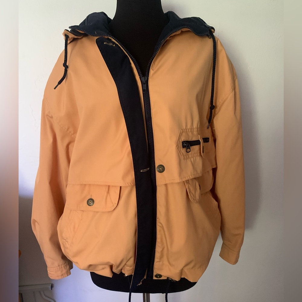 Vintage 90s Mulberry Street Yellow Navy Nautical Jacket Removable Hood M